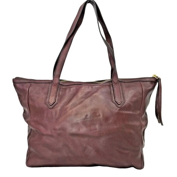FOSSIL Sydney Burgundy Leather Double Handle Large Tote Bag Zip Top - Picture 2 of 14